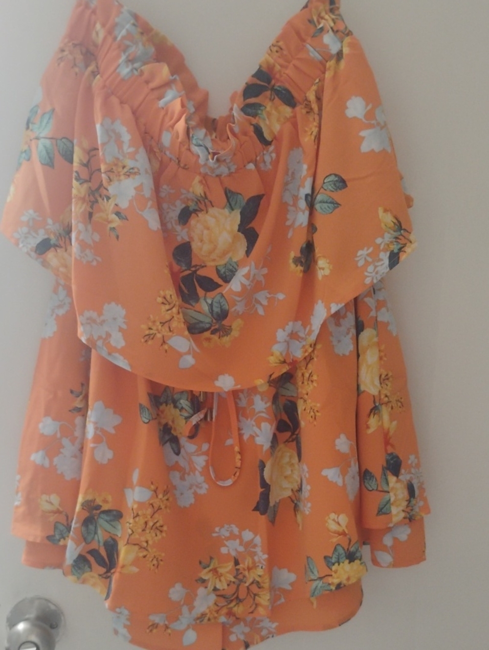 Pink Lily Orange Floral Off-Shoulder Ruffle Romper